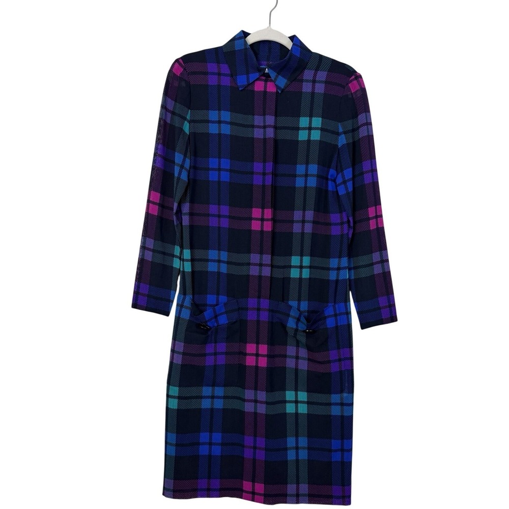 Vtg 80s Akris Switzerland Multicolour Shirt Dress Sz 6 Button Front Plaid Check